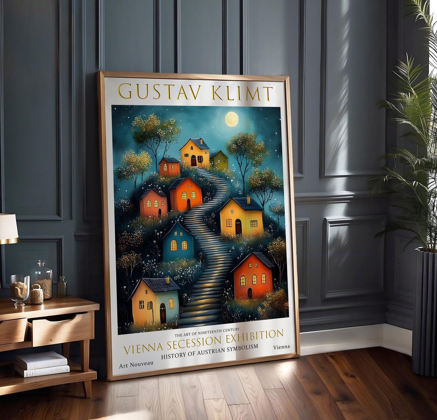 Gustav Klimt Print, Gustav Klimt Exhibition Print, Gustav Klimt Painting, Moon Garden Art, Klimt Moon & Stars Poster, Village Night Print