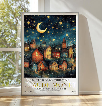 Claude Monet Moon and Stars Print, Claude Monet Exhibition Print, Claude Monet Painting, Vintage Wall Art Moon Art, Night Village Print