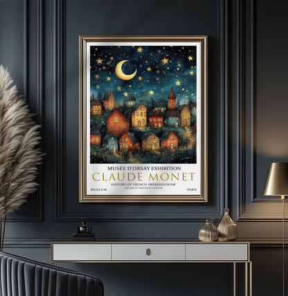 Claude Monet Moon and Stars Print, Claude Monet Exhibition Print, Claude Monet Painting, Vintage Wall Art Moon Art, Night Village Print