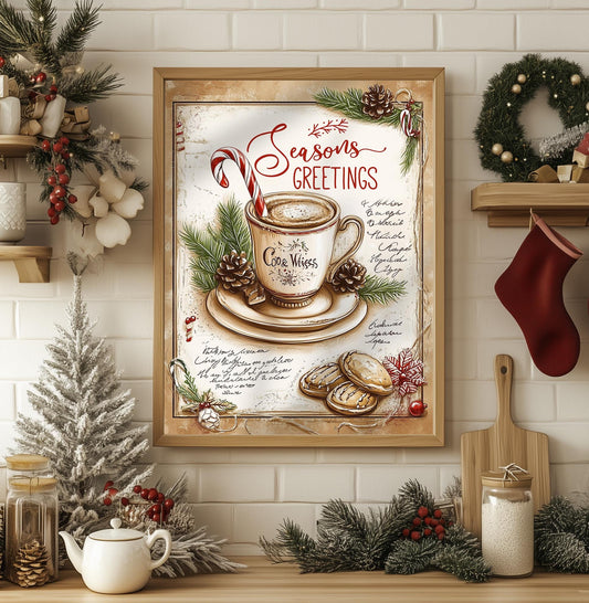 Seasons Greetings Hot Cocoa Sign | Vintage Christmas Wall Art | Cozy Holiday Kitchen Decor | Rustic Winter Print