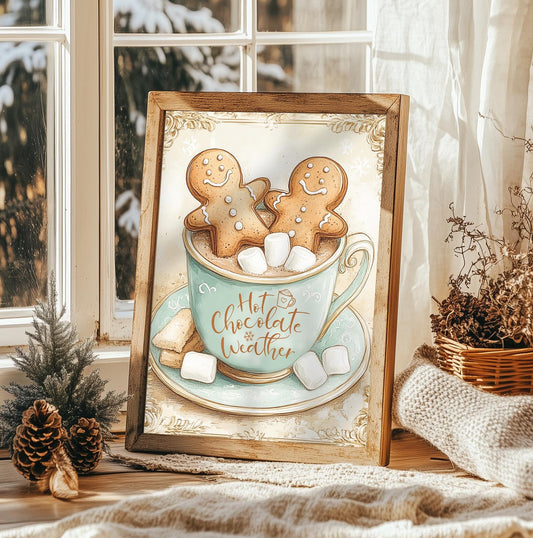 Hot Chocolate Weather Christmas Sign | Cozy Vintage Kitchen Decor | Rustic Holiday Wall Art | Christmas Gift Idea