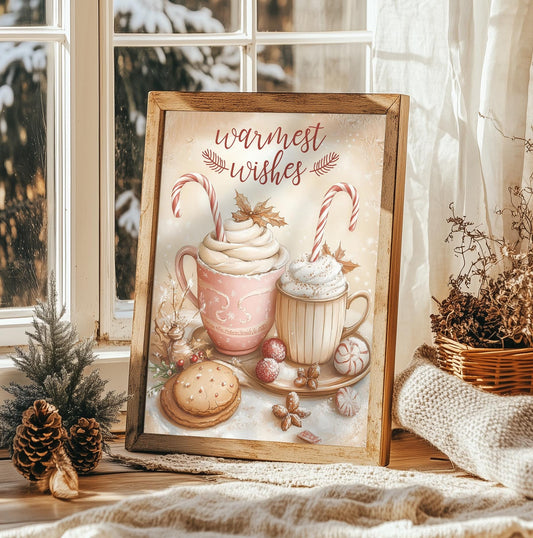 Warmest Wishes Hot Cocoa Art Print - Christmas Kitchen Decor, Vintage Holiday Sign, Cozy Winter Wall Art, Festive Christmas Gift