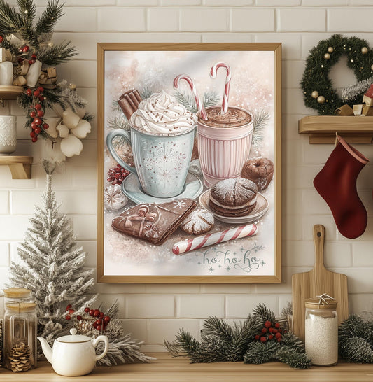 Ho Ho Ho" Hot Cocoa Art Print - Christmas Kitchen Decor, Vintage Holiday Sign, Festive Winter Wall Art, Cozy Xmas Gift