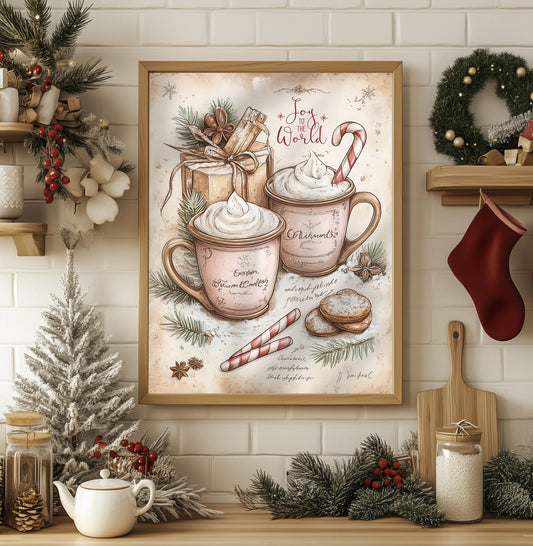 Joy to the World Hot Cocoa Art Print - Christmas Kitchen Decor, Festive Holiday Wall Art, Cozy Vintage Christmas Sign, Xmas Gift