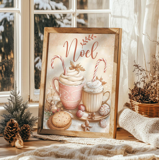 Noel Hot Cocoa Art Print - Christmas Kitchen Decor, Vintage Holiday Wall Art, Cozy Winter Sign, Festive Xmas Gift, Rustic Christmas Charm