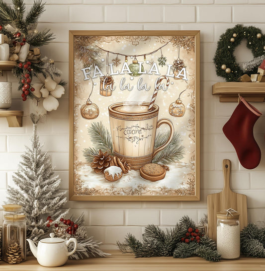 Fa La La La La Hot Cocoa Art Print - Christmas Kitchen Decor, Festive Holiday Wall Art, Cozy Vintage Sign, Xmas Gift, Rustic Charm