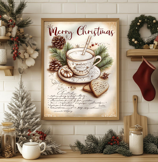 Merry Christmas Hot Chocolate Art Print - Christmas Kitchen Decor, Vintage Holiday Wall Art, Cozy Winter Sign, Xmas Gift, Rustic Charm