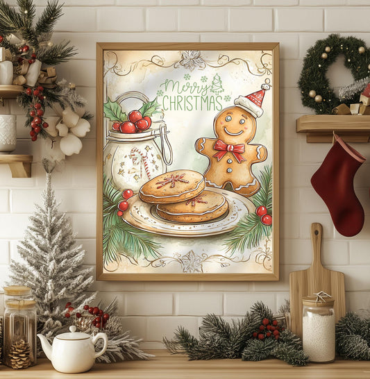 Merry Christmas Gingerbread Art Print - Holiday Kitchen Decor, Vintage Christmas Wall Art, Cozy Winter Sign, Festive Rustic Gift, Xmas Charm