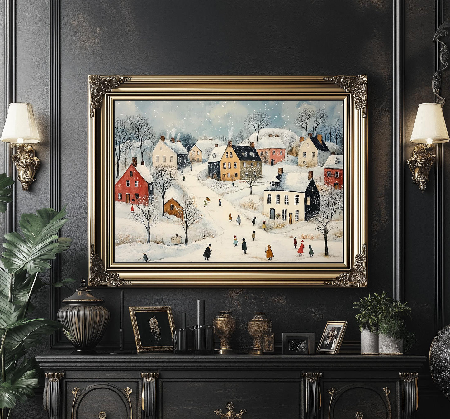 Vintage Winter Village Print, L.S. Lowry Poster Print, Winter Village Painting, Winter Wall Art, Vintage Winter Scene, Country Winter Print