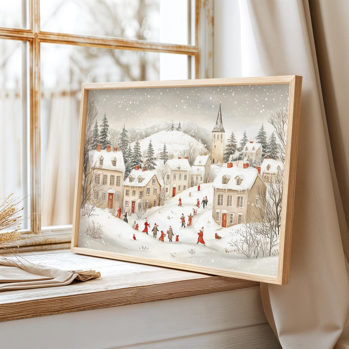 Vintage Winter Village Print, Winter Village Poster Print, Winter Village Painting, Winter Wall Art, Vintage Winter Scene, Winter Gift Ider