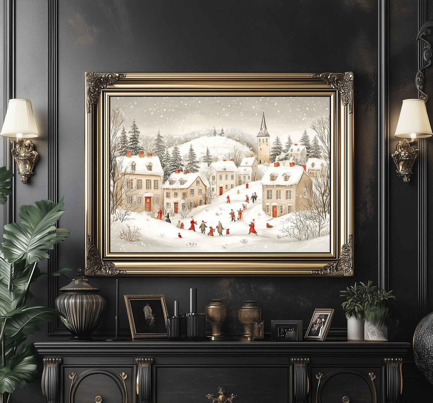 Vintage Winter Village Print, Winter Village Poster Print, Winter Village Painting, Winter Wall Art, Vintage Winter Scene, Winter Gift Ider