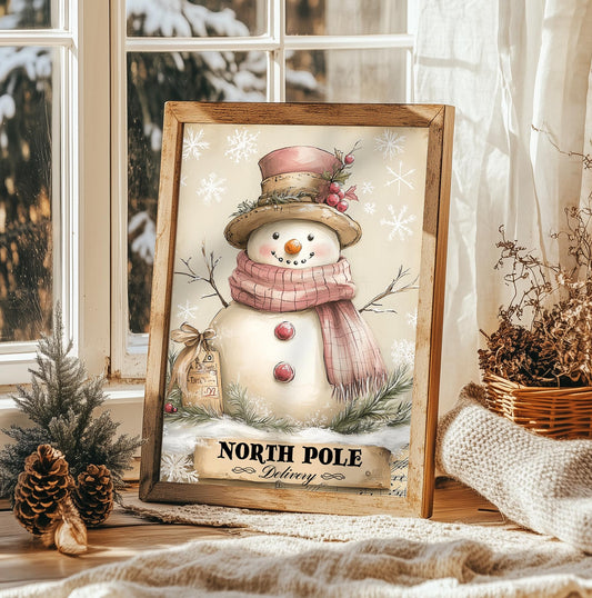 North Pole Delivery Snowman Sign - Vintage Christmas Wall Art, Festive Holiday Decor, Cozy Winter Print, Rustic Christmas Gift Idea