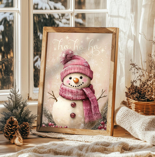 Ho Ho Ho Pink Snowman Christmas Print - Cute Holiday Wall Art, Festive Winter Decor, Vintage Snowman Poster, Cozy Christmas Gift