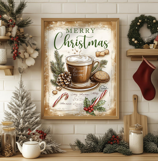 Merry Christmas Hot Cocoa Print - Vintage Holiday Kitchen Decor, Cozy Christmas Wall Art, Rustic Winter Poster, Festive Gift