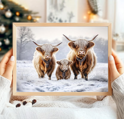 Highland Cows, Scottish Cow Art Print, Winter Scottish Highland Cows Print, Winter Wall Art, Winter Landscape, Farmhouse Art, Scottish Gift