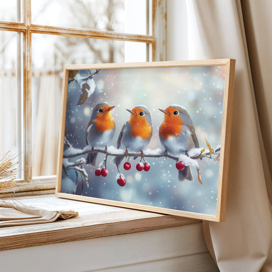 Vintage Christmas Wall Art, Robins on a Branch with Snow, Winter Robin Painting, Winter Art, Vintage Robin, Xmas Decor, Winter Print