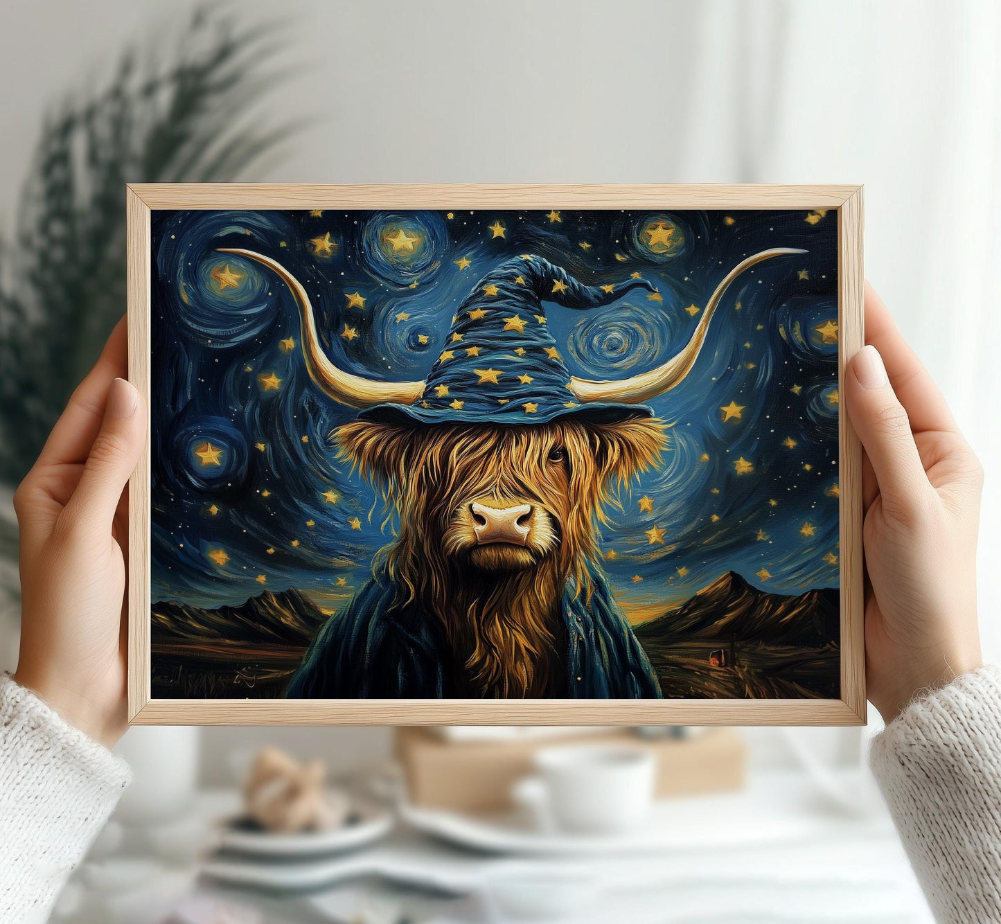 Highland Cow Print, Starry Night Poster Print, Highland Cow Wall Art, Wizard Highland Cow, Stars Art Print, Highland Cow Van Gogh Painting