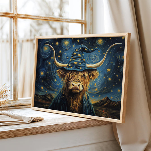 Highland Cow Print, Starry Night Poster Print, Highland Cow Wall Art, Wizard Highland Cow, Stars Art Print, Highland Cow Van Gogh Painting