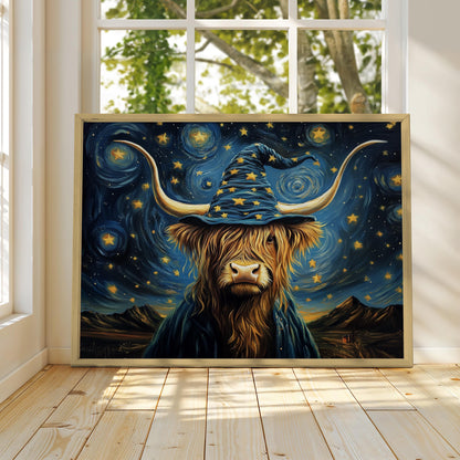 Highland Cow Print, Starry Night Poster Print, Highland Cow Wall Art, Wizard Highland Cow, Stars Art Print, Highland Cow Van Gogh Painting