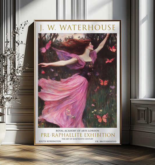 John William Waterhouse Art Print - The Butterfly Nymph, Vintage Pre-Raphaelite Exhibition Poster, Mythical Wall Art, Antique Decor