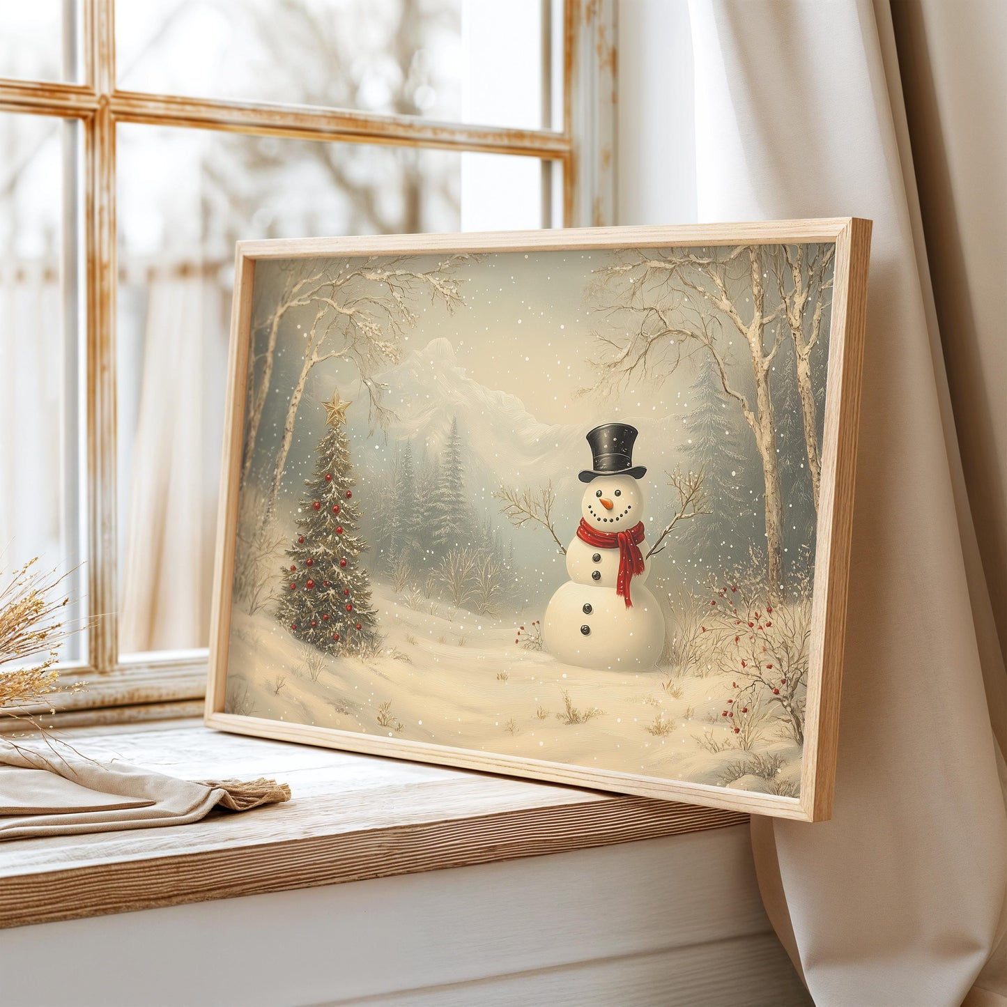 Vintage Winter Snowman Print, Winter Snowman Poster Print, Winter Snowman Painting, Winter Wall Art, Vintage Winter Scene, Winter Gift Ider