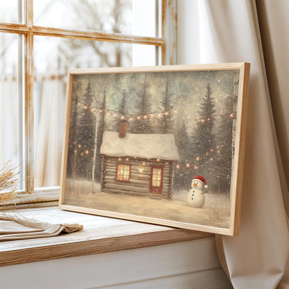 Vintage Snowman Print, Snowman Poster Print, Snowman Painting, Winter Wall Art, Vintage Christmas Wall Art, Vintage Winter Hut, Xmas Gift