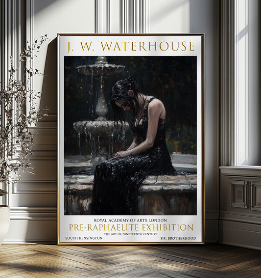 John William Waterhouse Fountain Lady Print - Elven Maiden in a Black,  Romantic Pre-Raphaelite Wall Art, Vintage Decor, Antique Poster