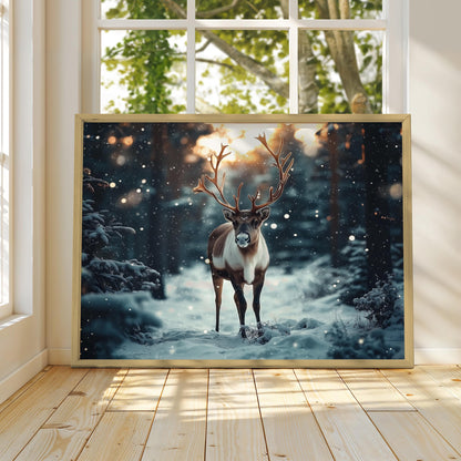 Xmas Reindeer Print, Winter Christmas Wall Art, Christmas Decoration, Winter Reindeer Wall Art, Holiday Decor, Snowy Forest Wall Art