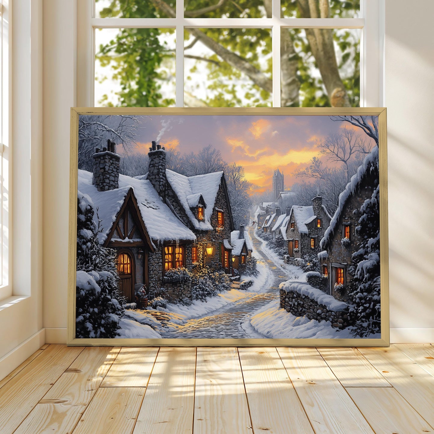 Vintage Winter Village Print, Winter Village Poster, Winter Village Painting, Winter Wall Art, Vintage Stars, Whimsical Winter Gifts