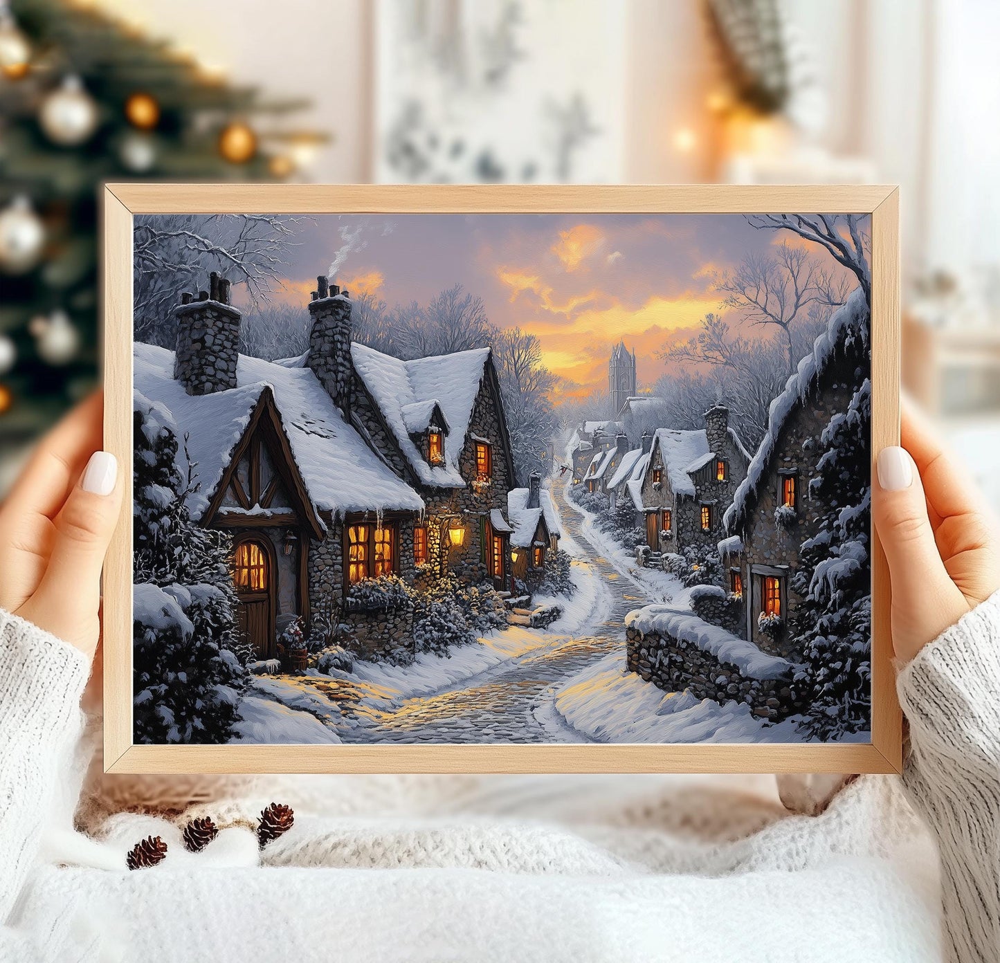 Vintage Winter Village Print, Winter Village Poster, Winter Village Painting, Winter Wall Art, Vintage Stars, Whimsical Winter Gifts