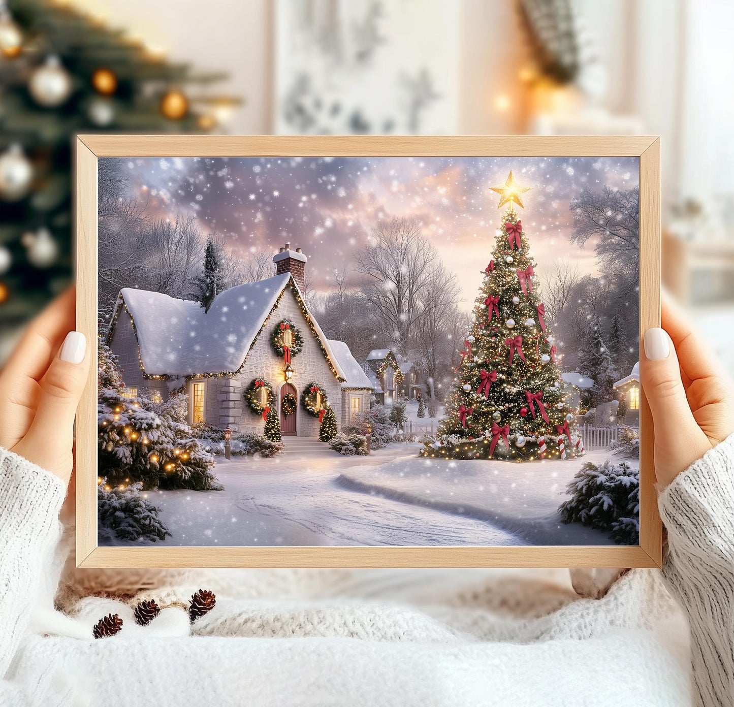 Magical Christmas Print, Christmas Poster Print, Christmas Wall Art, Winter Wonderland, White Christmas Snowy Village, Christmas Wreaths