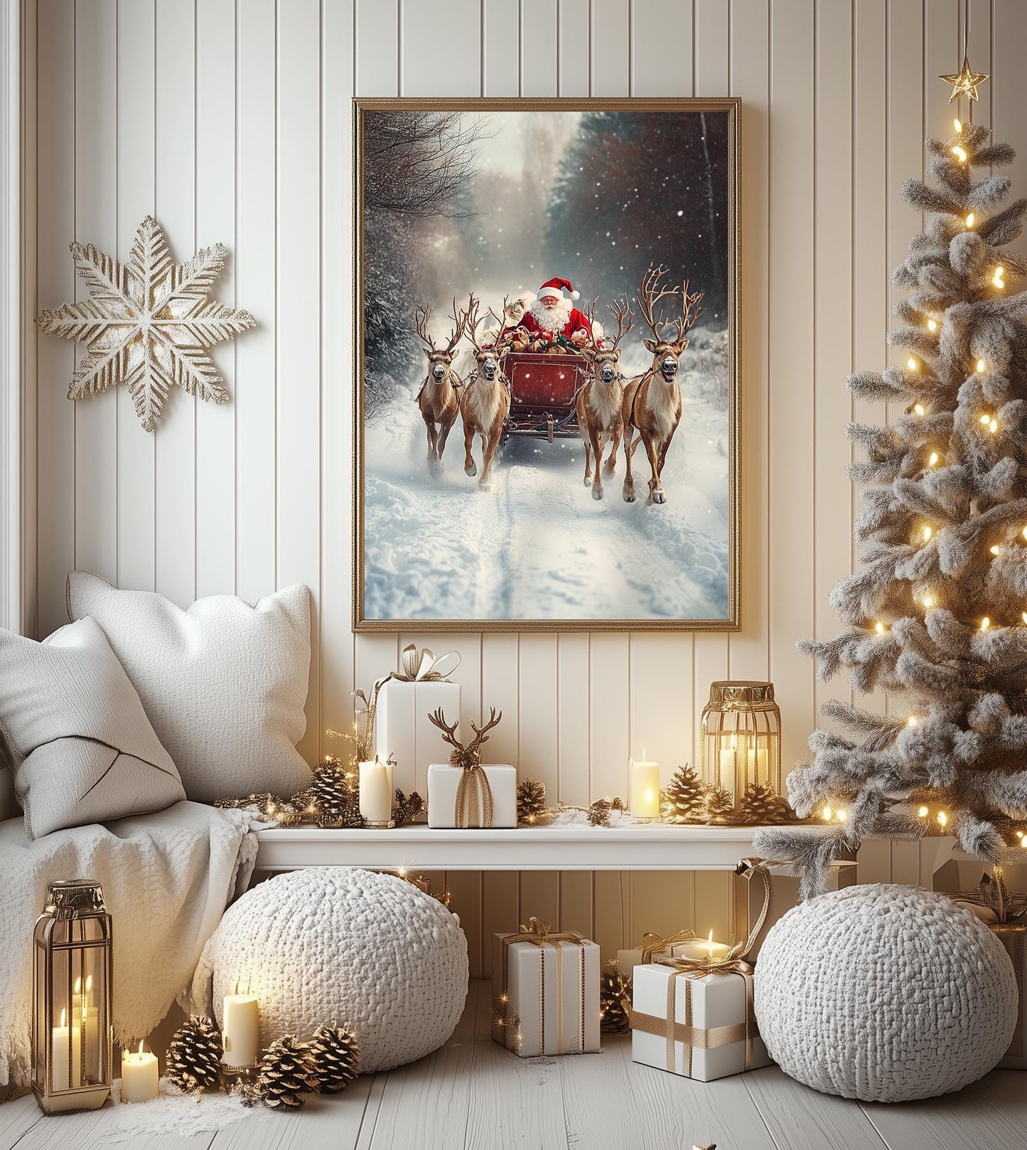 Vintage Santa Sleigh Reindeers Print, Christmas Wall Art, Winter Wonderland, Christmas Decoration, Christmas Home Decor