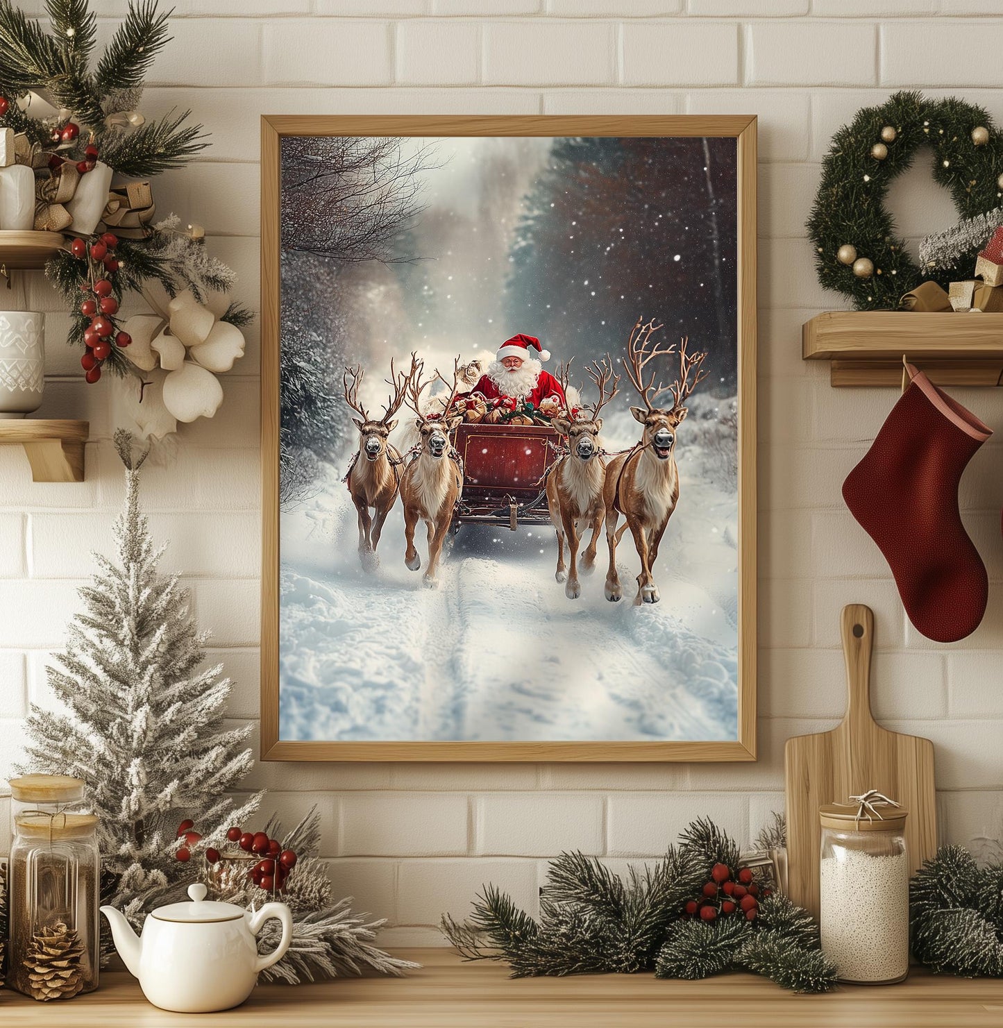 Vintage Santa Sleigh Reindeers Print, Christmas Wall Art, Winter Wonderland, Christmas Decoration, Christmas Home Decor