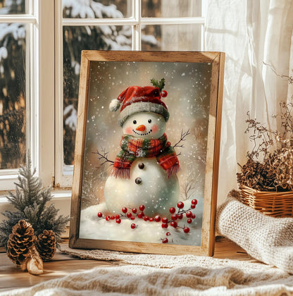 Charming Snowman Christmas Print - Festive Winter Wall Art, Cozy Holiday Decor, Perfect Xmas Gift, Rustic Unframed Home Print