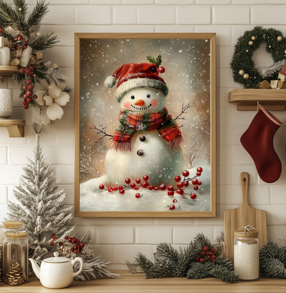 Charming Snowman Christmas Print - Festive Winter Wall Art, Cozy Holiday Decor, Perfect Xmas Gift, Rustic Unframed Home Print