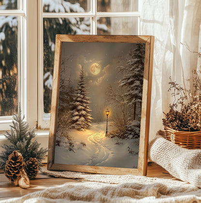 Winter Moonlit Path Art Print - Cozy Christmas Wall Decor, Snowy Night Landscape, Rustic Holiday Decor, Unframed Xmas Gift for Home