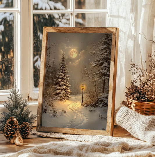 Winter Moonlit Path Art Print - Cozy Christmas Wall Decor, Snowy Night Landscape, Rustic Holiday Decor, Unframed Xmas Gift for Home