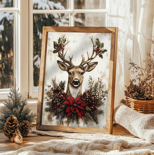 Rustic Deer Christmas Art Print - Holiday Wall Decor with Pine & Poinsettia, Vintage Winter Home Art, Festive Reindeer Christmas Gift