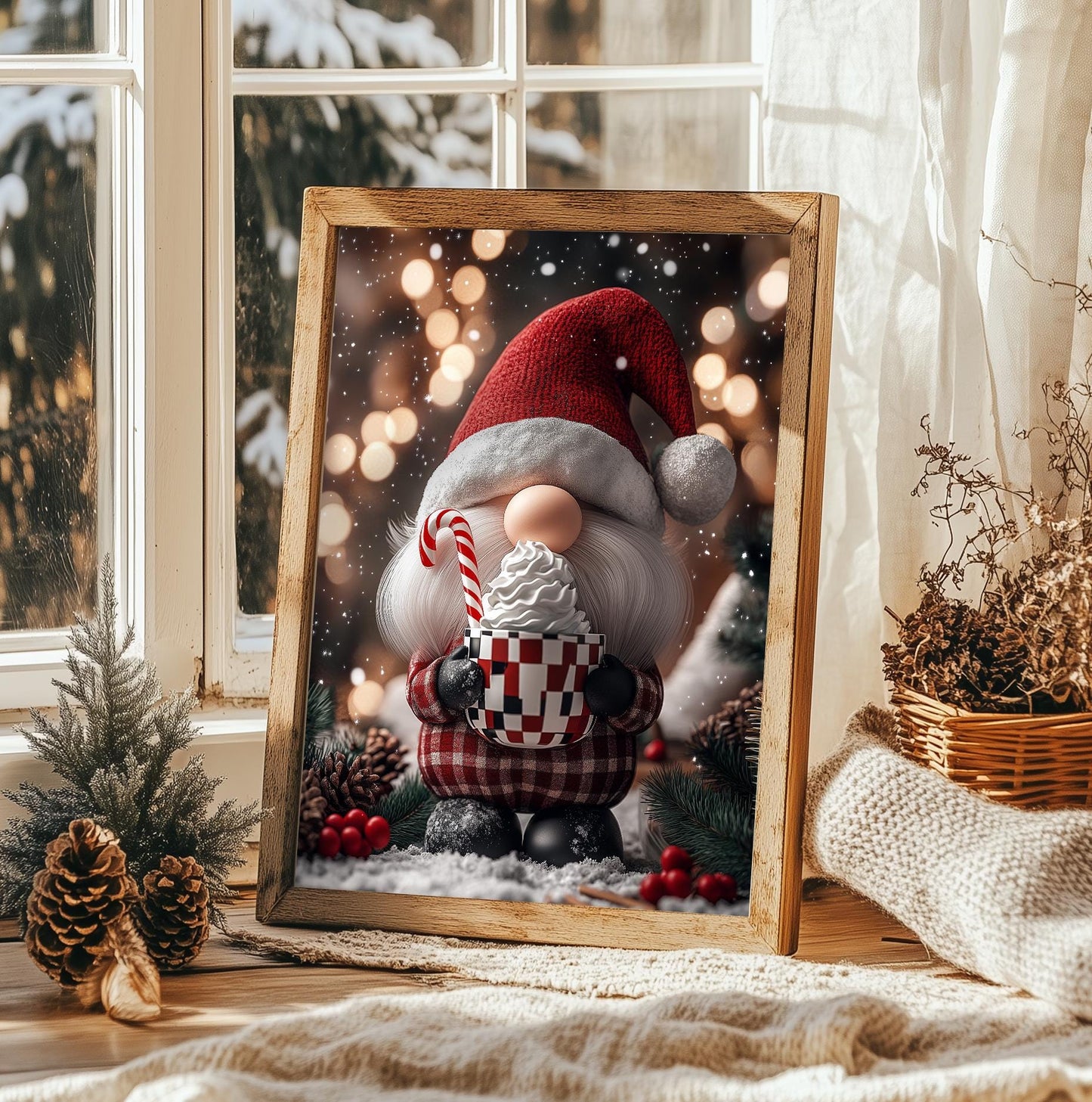 Cozy Christmas Gnome Art Print - Holiday Wall Decor, Festive Scandinavian Gnome with Cocoa, Rustic Xmas Gift, Winter Home Decor