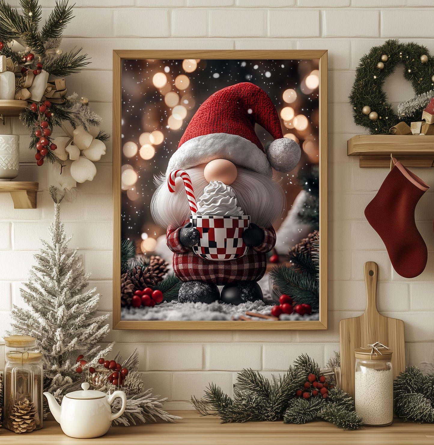 Cozy Christmas Gnome Art Print - Holiday Wall Decor, Festive Scandinavian Gnome with Cocoa, Rustic Xmas Gift, Winter Home Decor