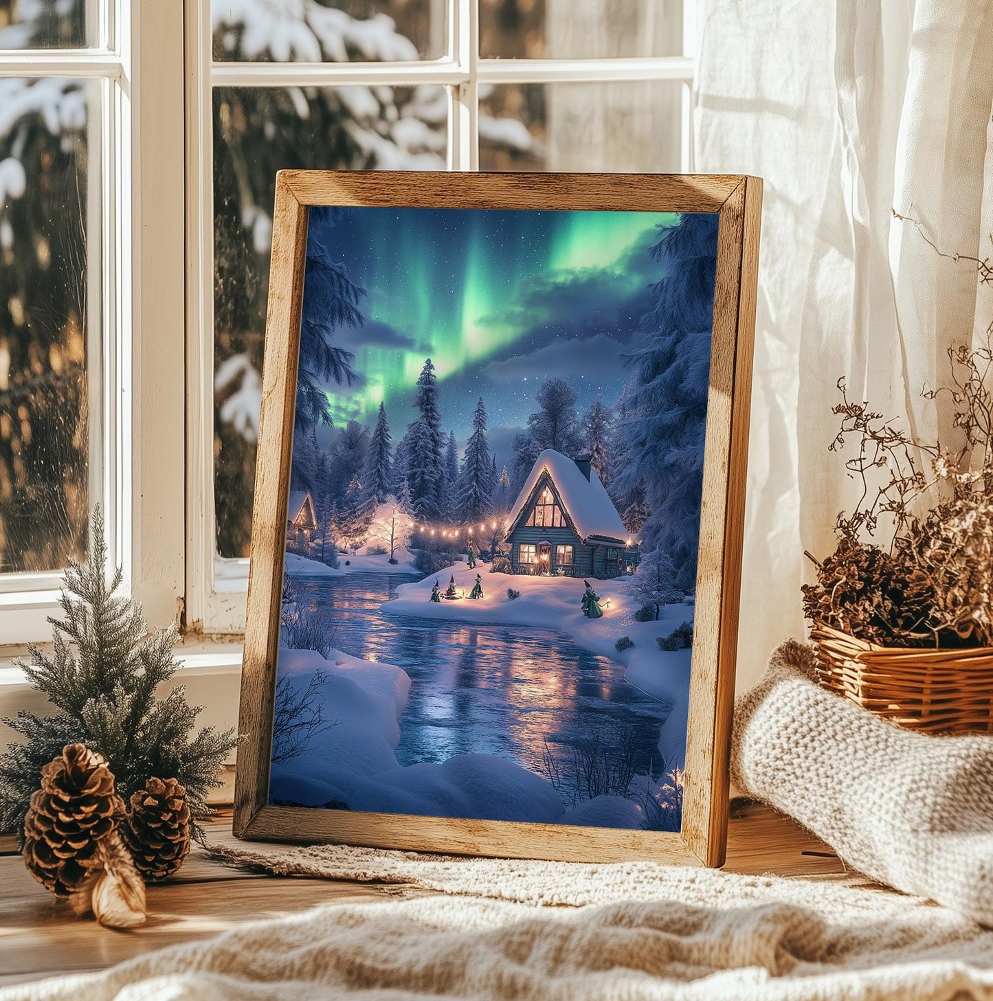 Aurora Borealis Winter Cabin Print - Cozy Christmas Wall Decor, Snowy Holiday Scene, Northern Lights Art, Xmas Gift, Winter Wonderland