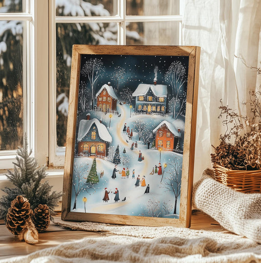 Charming Christmas Village Art Print - Cozy Winter Scene, Holiday Wall Decor, Festive Xmas Gift, Rustic Snowy Landscape, Christmas Cheer