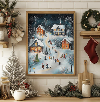 Charming Christmas Village Art Print - Cozy Winter Scene, Holiday Wall Decor, Festive Xmas Gift, Rustic Snowy Landscape, Christmas Cheer