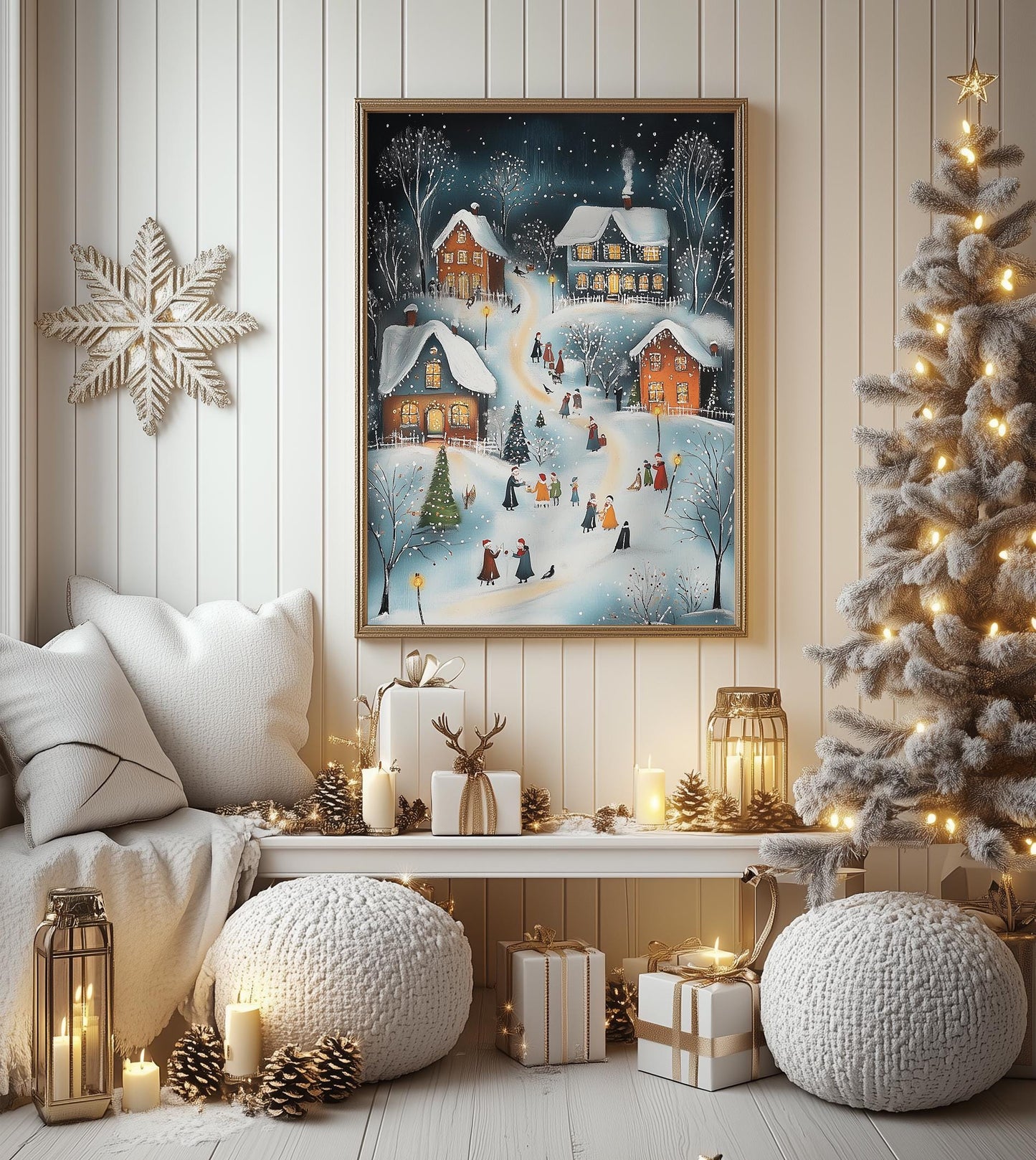 Charming Christmas Village Art Print - Cozy Winter Scene, Holiday Wall Decor, Festive Xmas Gift, Rustic Snowy Landscape, Christmas Cheer