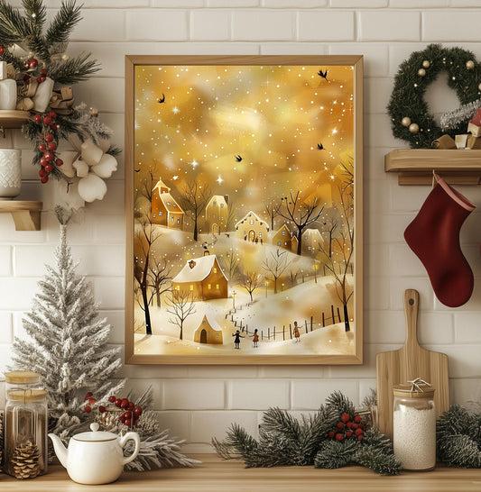 Golden Glow Winter Village Art Print - Cozy Christmas Wall Decor, Holiday Scene, Warm Festive Decor, Xmas Gift, Rustic Christmas Charm