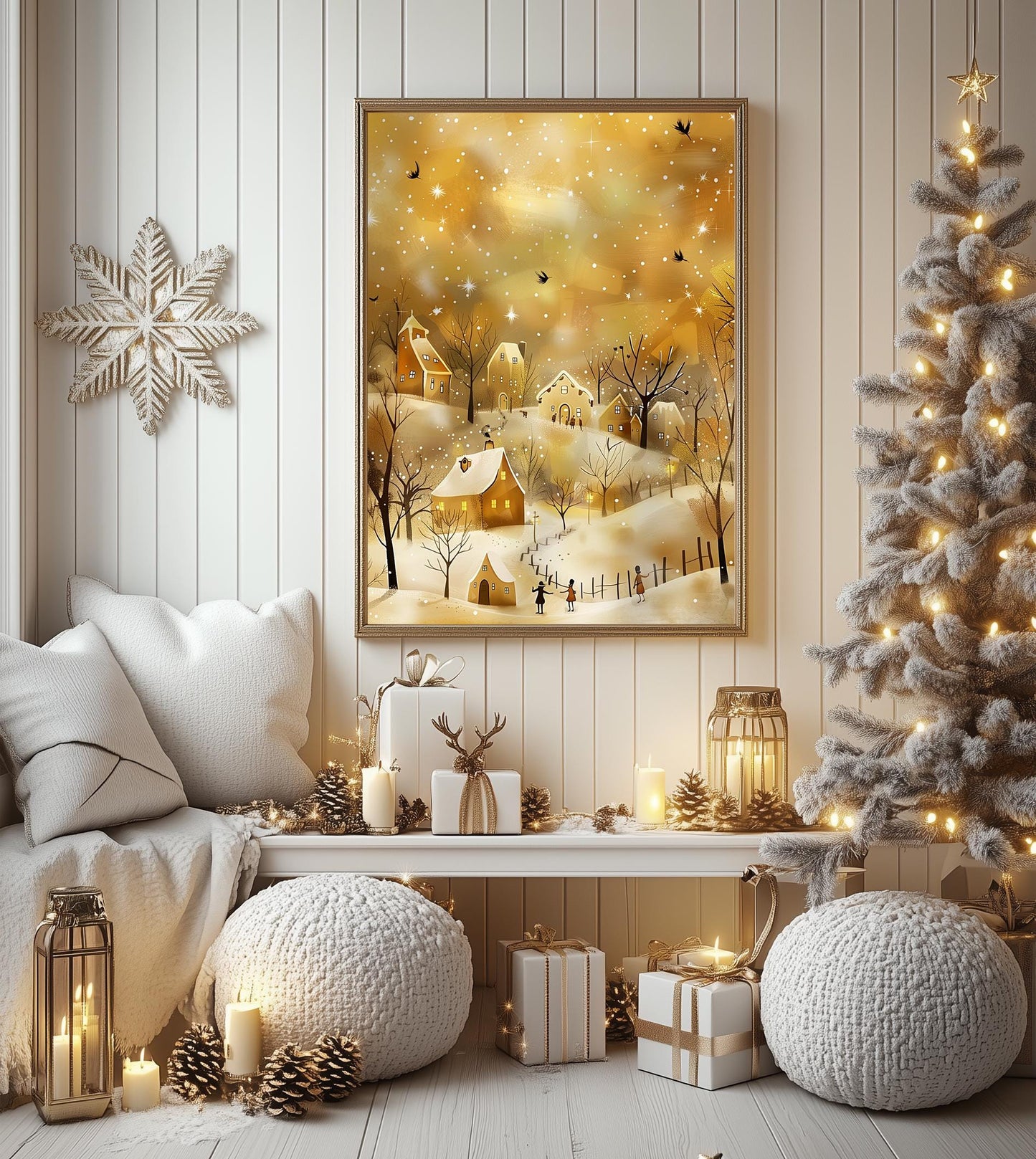 Golden Glow Winter Village Art Print - Cozy Christmas Wall Decor, Holiday Scene, Warm Festive Decor, Xmas Gift, Rustic Christmas Charm