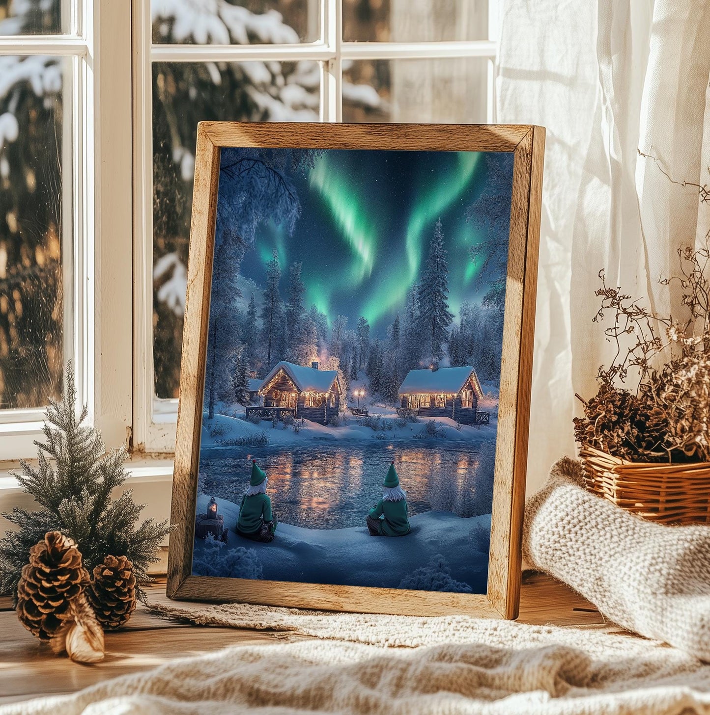 Northern Lights Cabin Scene - Cozy Christmas Art Print, Winter Wonderland, Holiday Wall Decor, Xmas Gift, Aurora Borealis, Rustic Charm