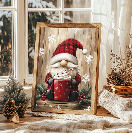 Cozy Christmas Gnome Hot Cocoa Print - Rustic Holiday Decor, Plaid Santa Art, Winter Wall Decor, Festive Xmas Gift, Christmas Charm