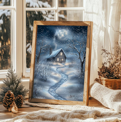 Moonlit Winter Cabin Art Print - Cozy Christmas Wall Decor, Snowy Night Scene, Rustic Holiday Charm, Winter Wonderland, Xmas Gift