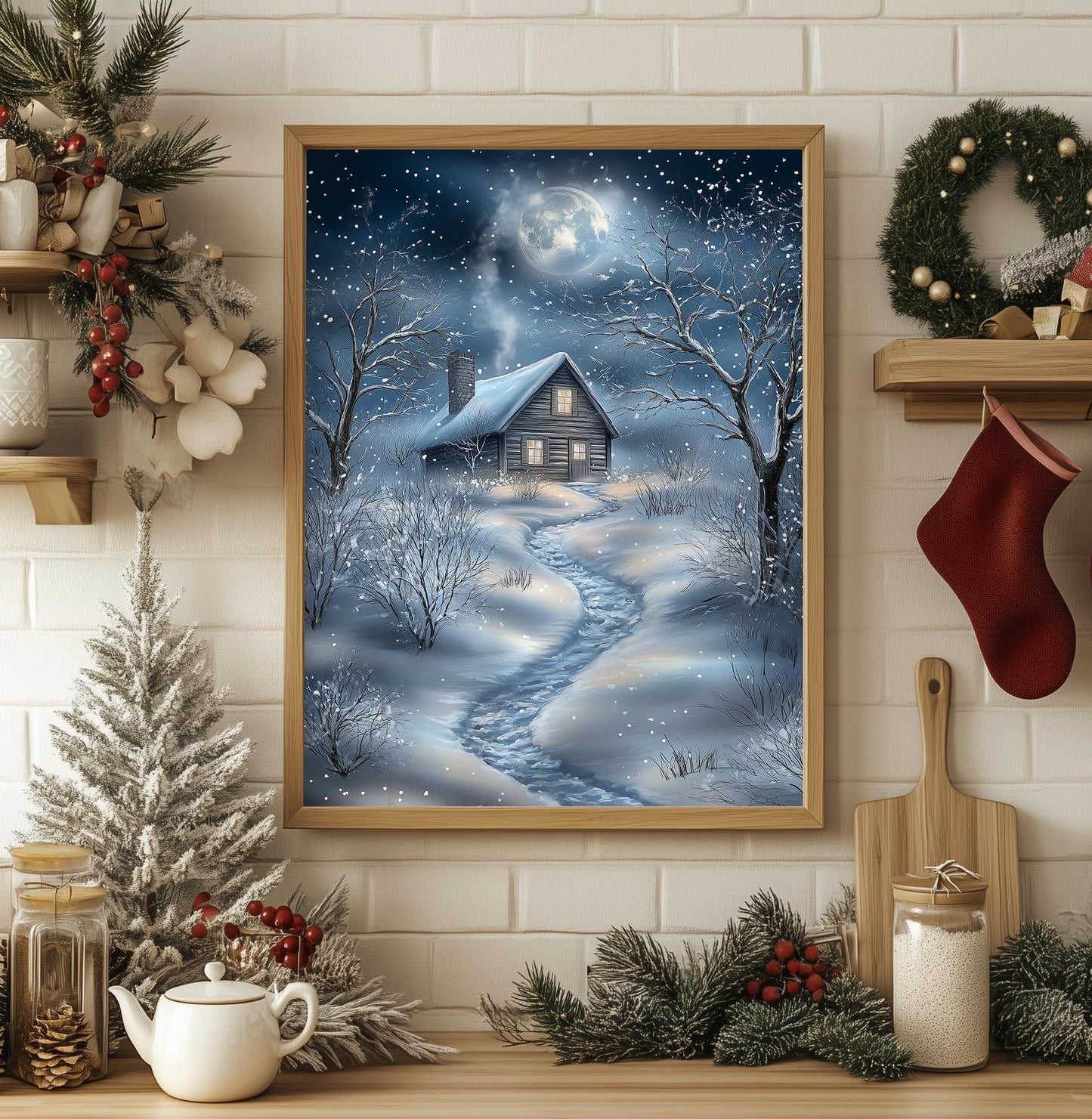 Moonlit Winter Cabin Art Print - Cozy Christmas Wall Decor, Snowy Night Scene, Rustic Holiday Charm, Winter Wonderland, Xmas Gift